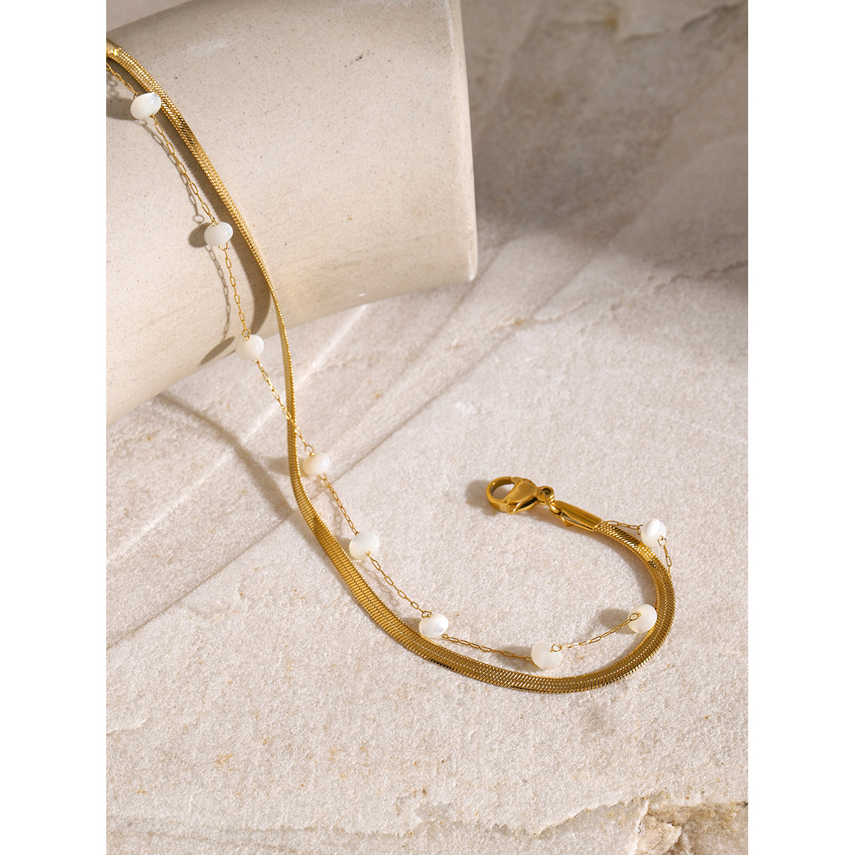 18K Gold Stainless Steel Blade Chain Flat Snake Chain Anklet with Round Shell Beads