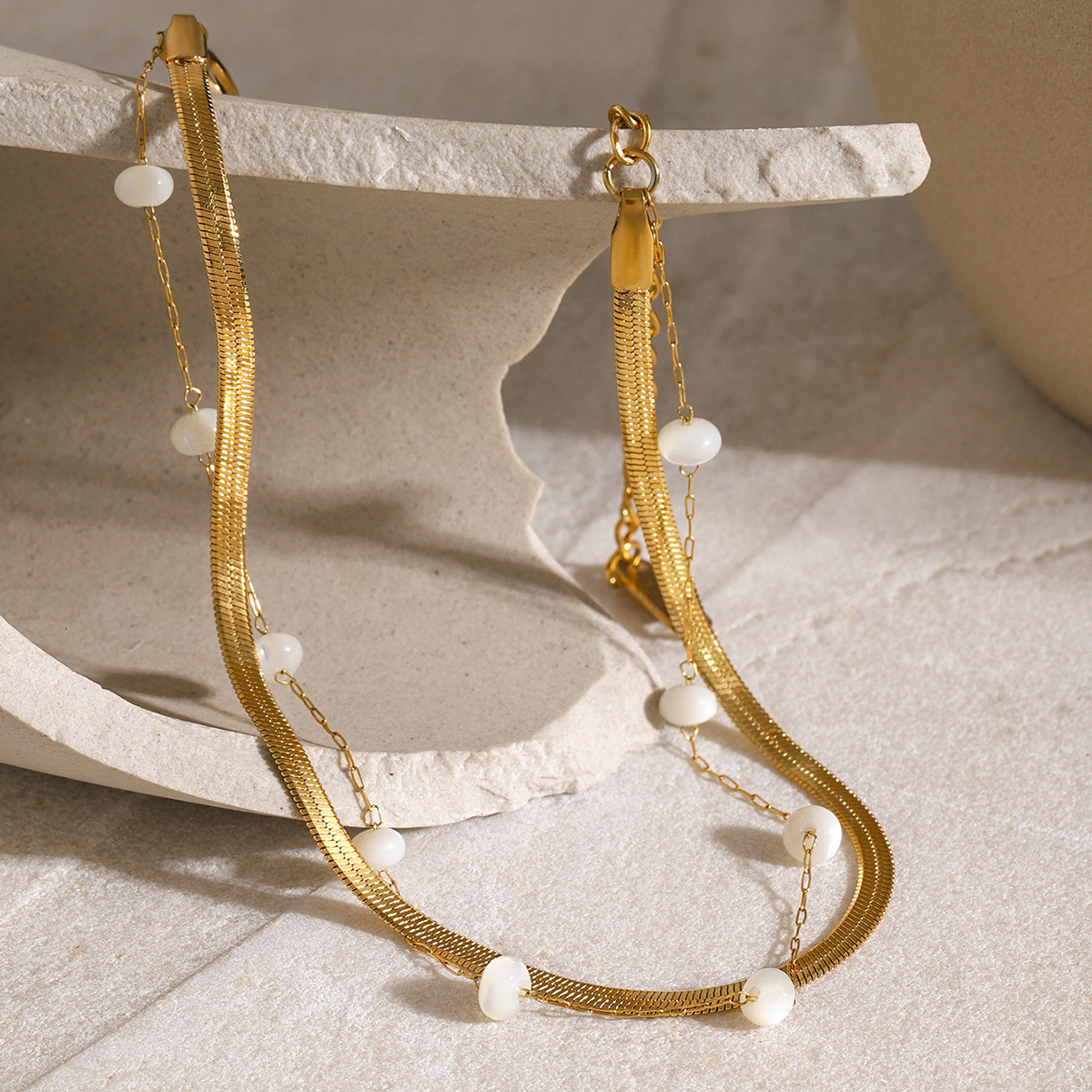 18K Gold Stainless Steel Blade Chain Flat Snake Chain Anklet with Round Shell Beads
