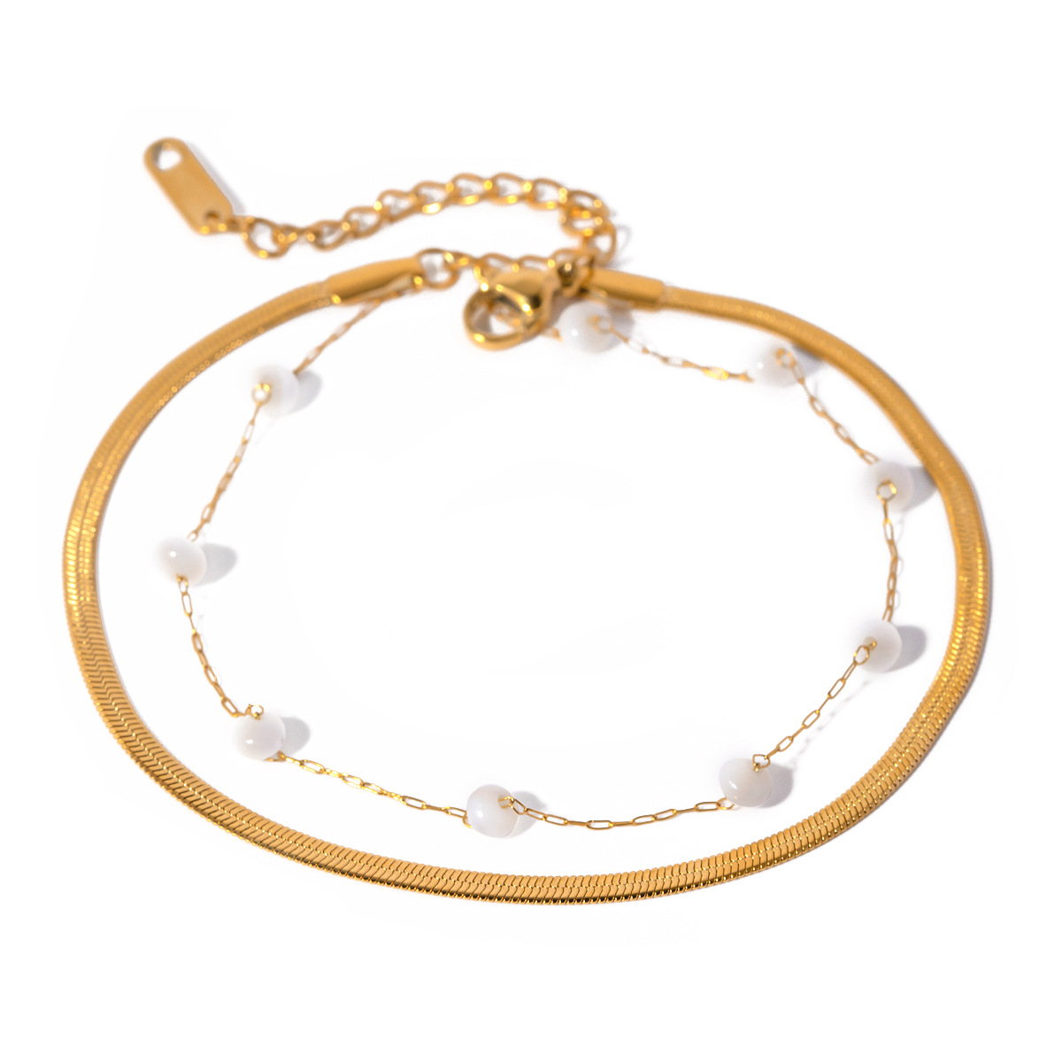 18K Gold Stainless Steel Blade Chain Flat Snake Chain Anklet with Round Shell Beads