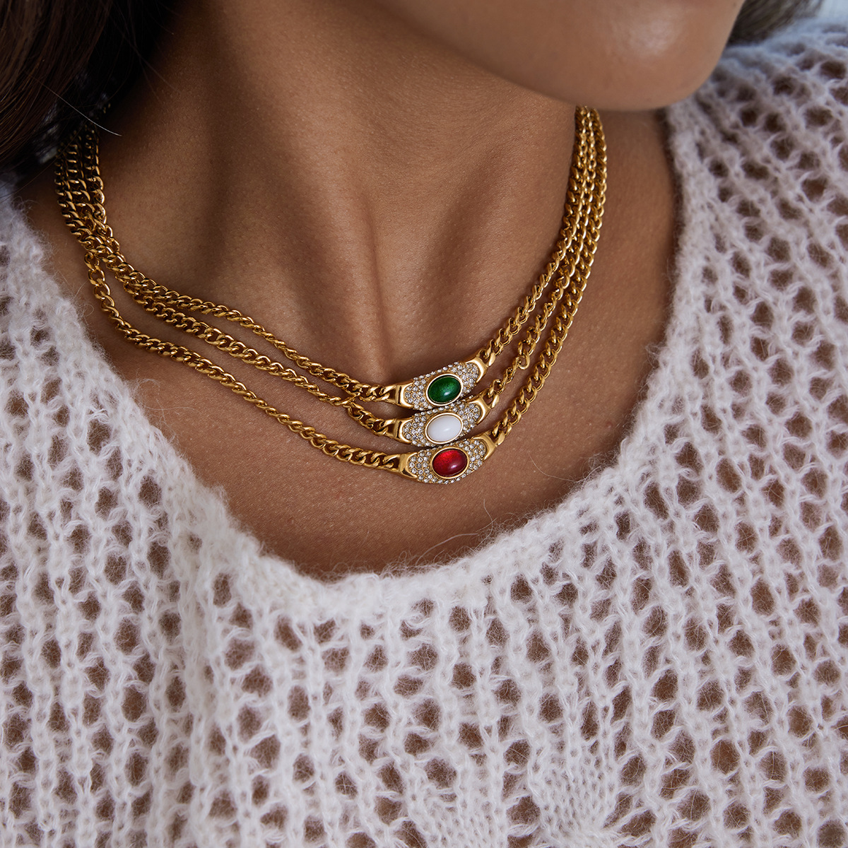 High End Stainless Steel Necklace with Crystal and Natural Stone Pendant