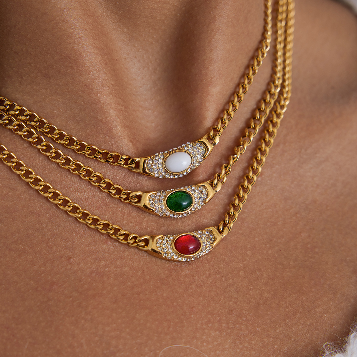 High End Stainless Steel Necklace with Crystal and Natural Stone Pendant