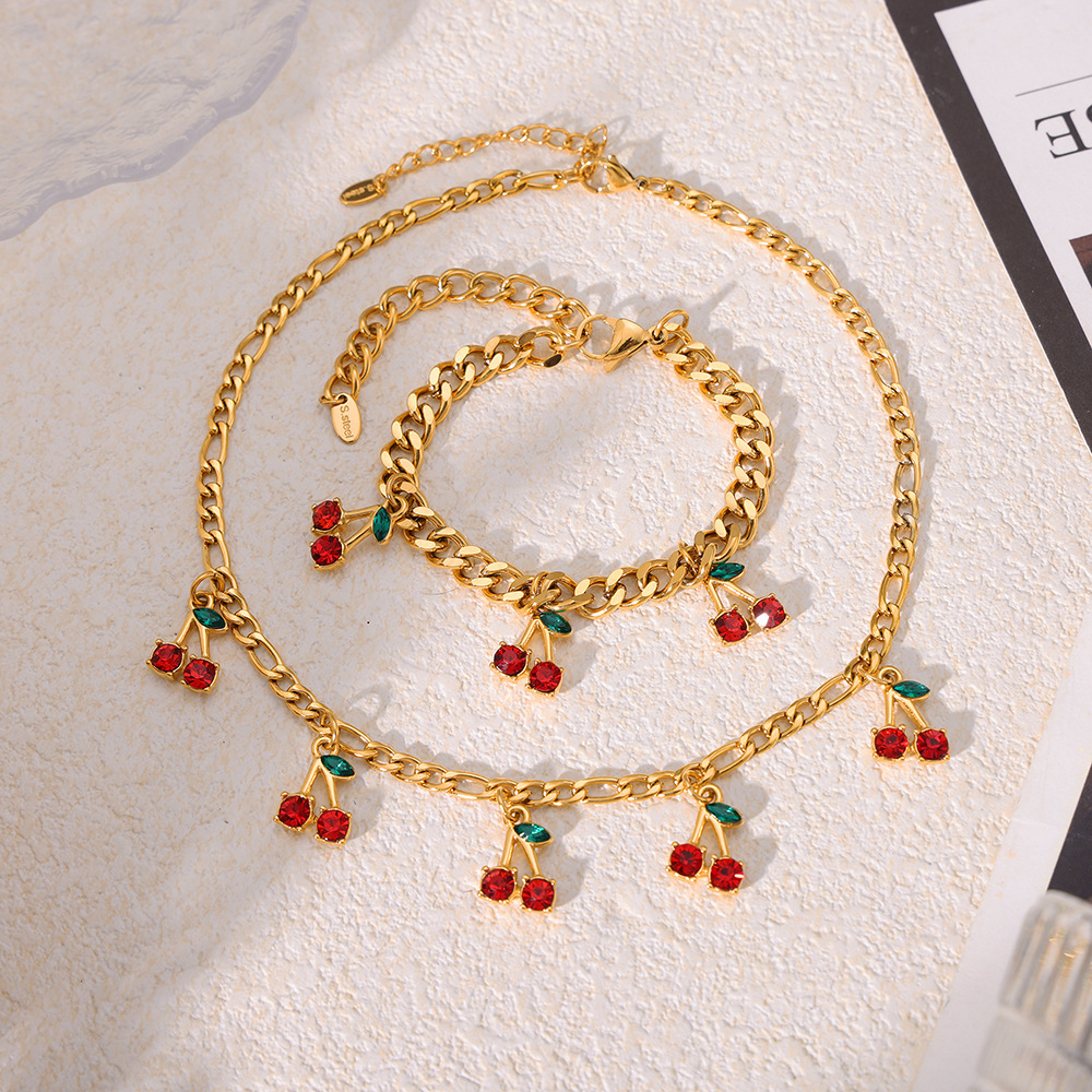 New Stainless Steel Glass Rhinestone Red Cherry Necklace and Bracelet Set