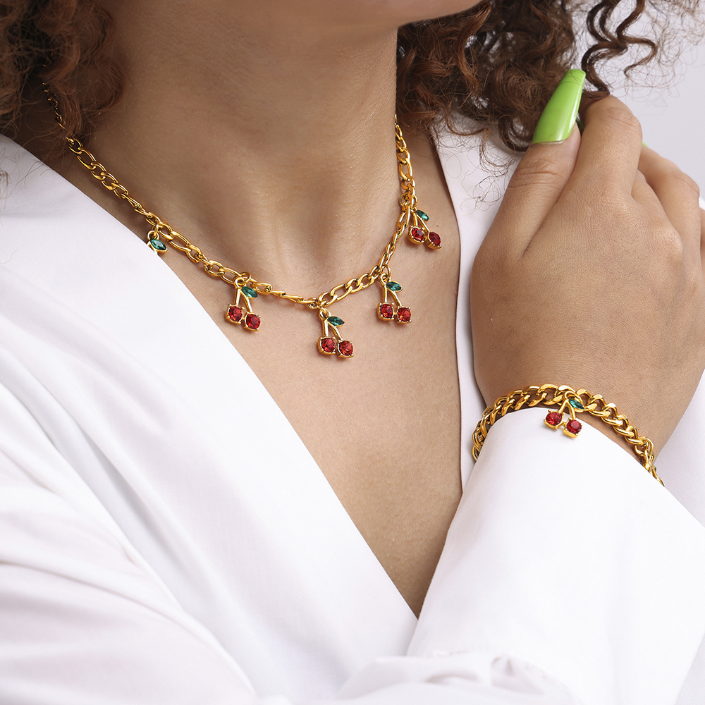 New Stainless Steel Glass Rhinestone Red Cherry Necklace and Bracelet Set