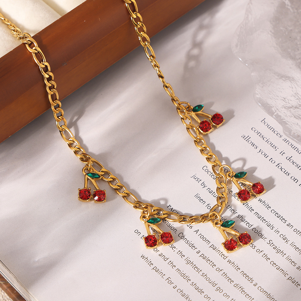 New Stainless Steel Glass Rhinestone Red Cherry Necklace and Bracelet Set