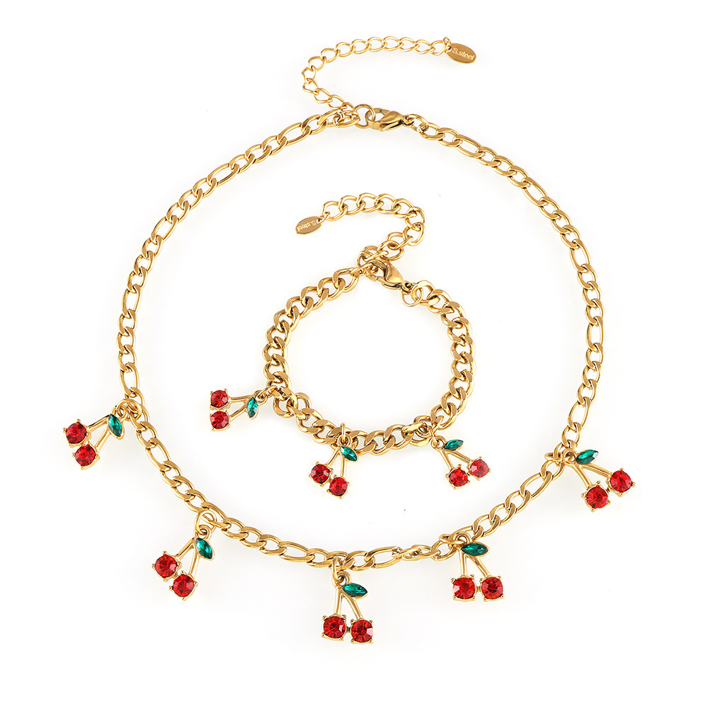 New Stainless Steel Glass Rhinestone Red Cherry Necklace and Bracelet Set