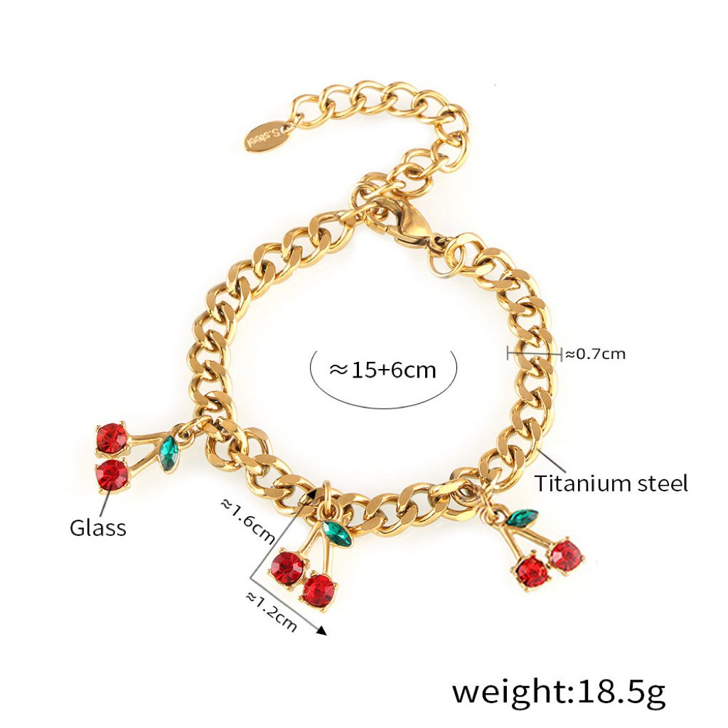New Stainless Steel Glass Rhinestone Red Cherry Necklace and Bracelet Set