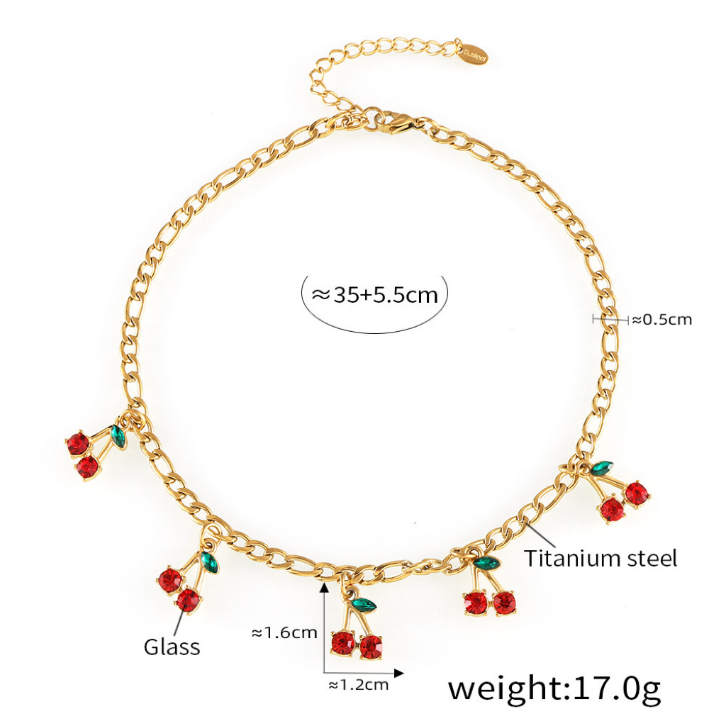 New Stainless Steel Glass Rhinestone Red Cherry Necklace and Bracelet Set