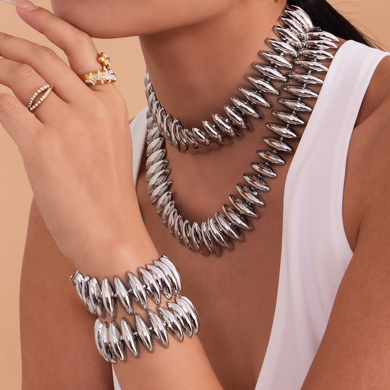 Fashion Stainless Steel Marquise Link Chain Statement Jewelry Set