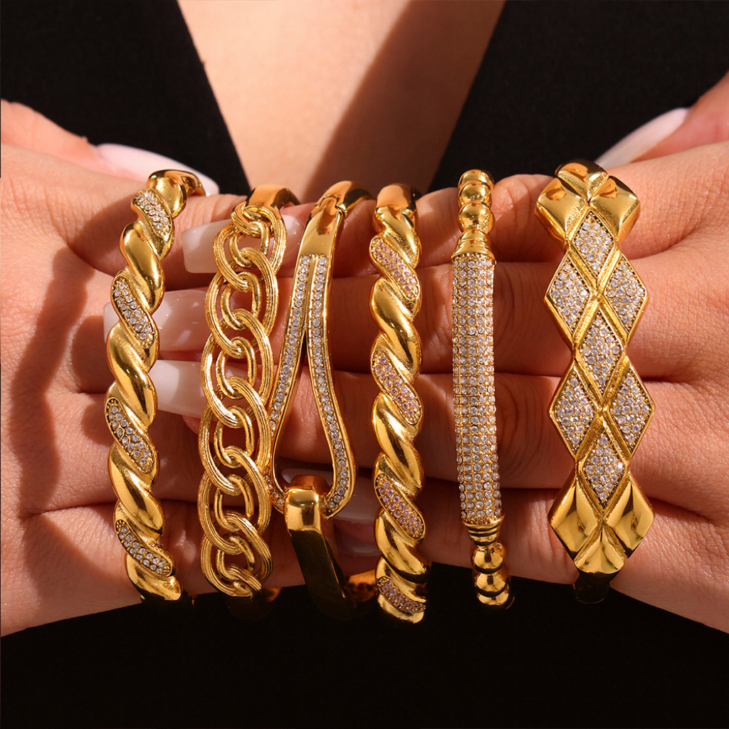 Six Styles of Luxury Stainless Steel Bracelets with Double Row Zircon and Horseshoe Clasp