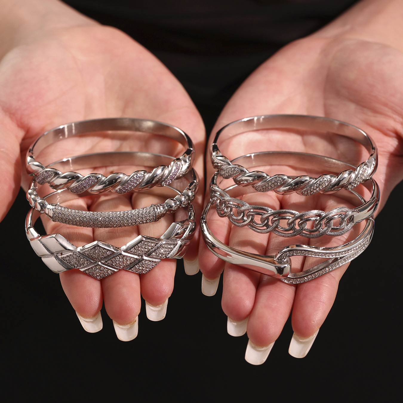 Six Styles of Luxury Stainless Steel Bracelets with Double Row Zircon and Horseshoe Clasp