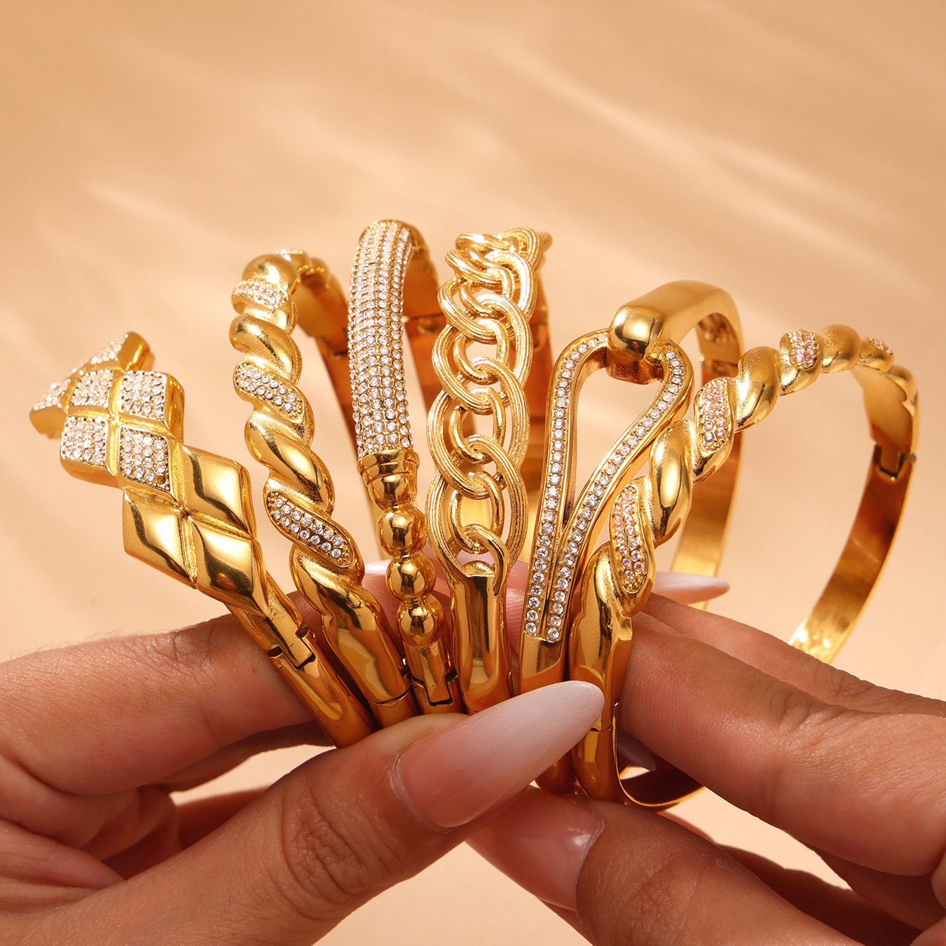 Six Styles of Luxury Stainless Steel Bracelets with Double Row Zircon and Horseshoe Clasp
