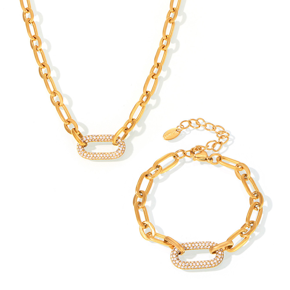 Minimalist Stainless Steel Necklace and Bracelet Set with Micro Zirconia
