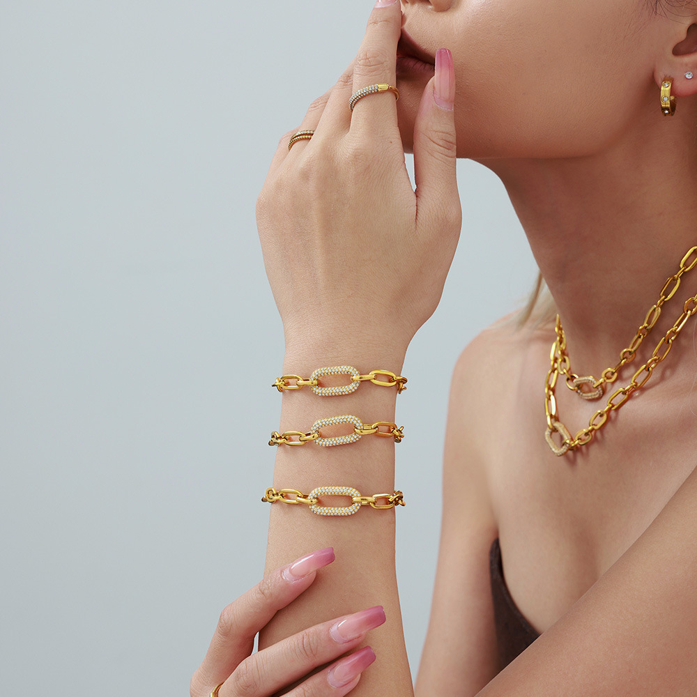 Minimalist Stainless Steel Necklace and Bracelet Set with Micro Zirconia