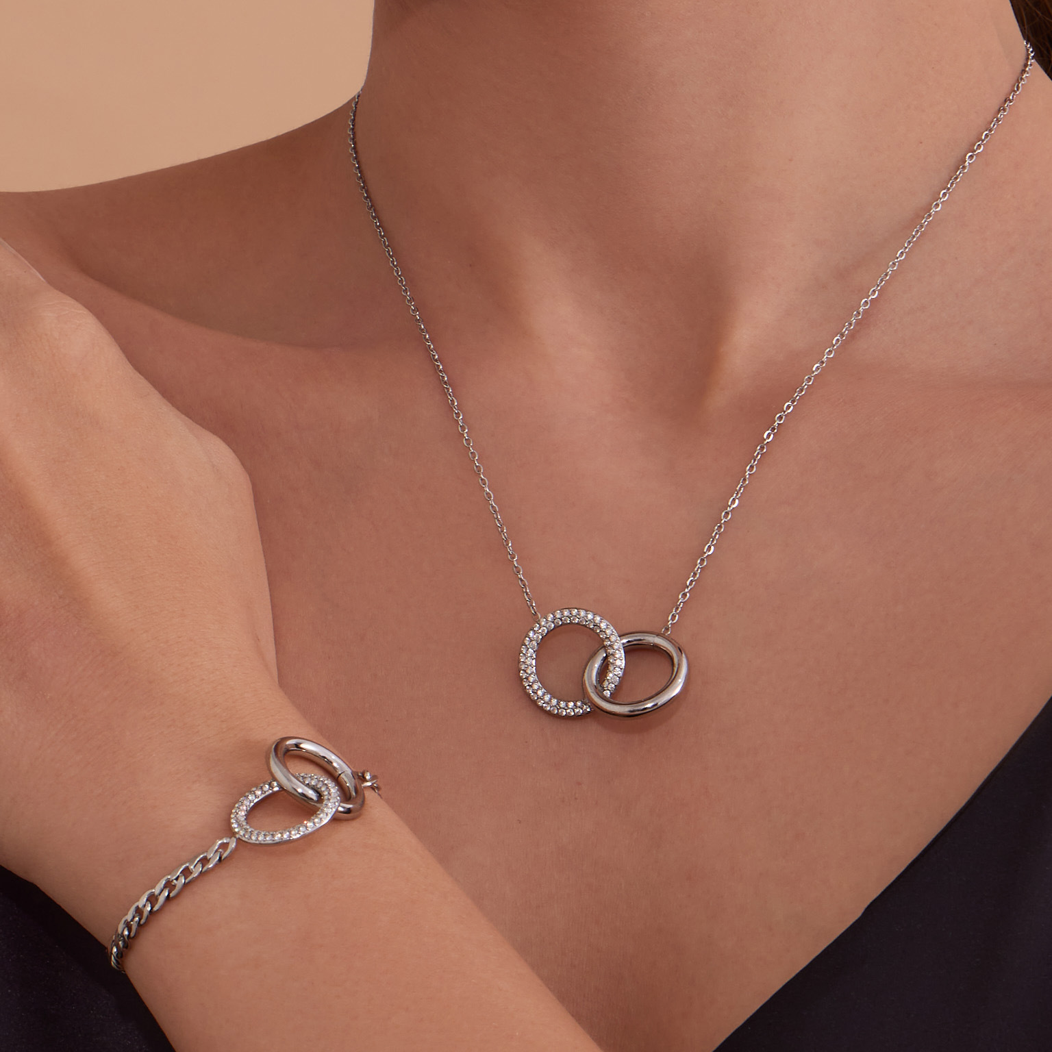 Double Ring Zircon Pendant Bracelet and Necklace Set