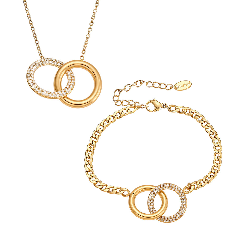 Double Ring Zircon Pendant Bracelet and Necklace Set