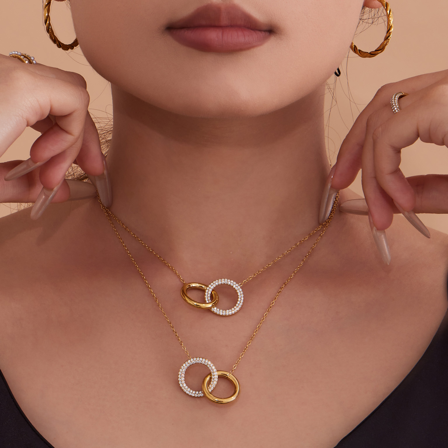 Double Ring Zircon Pendant Bracelet and Necklace Set