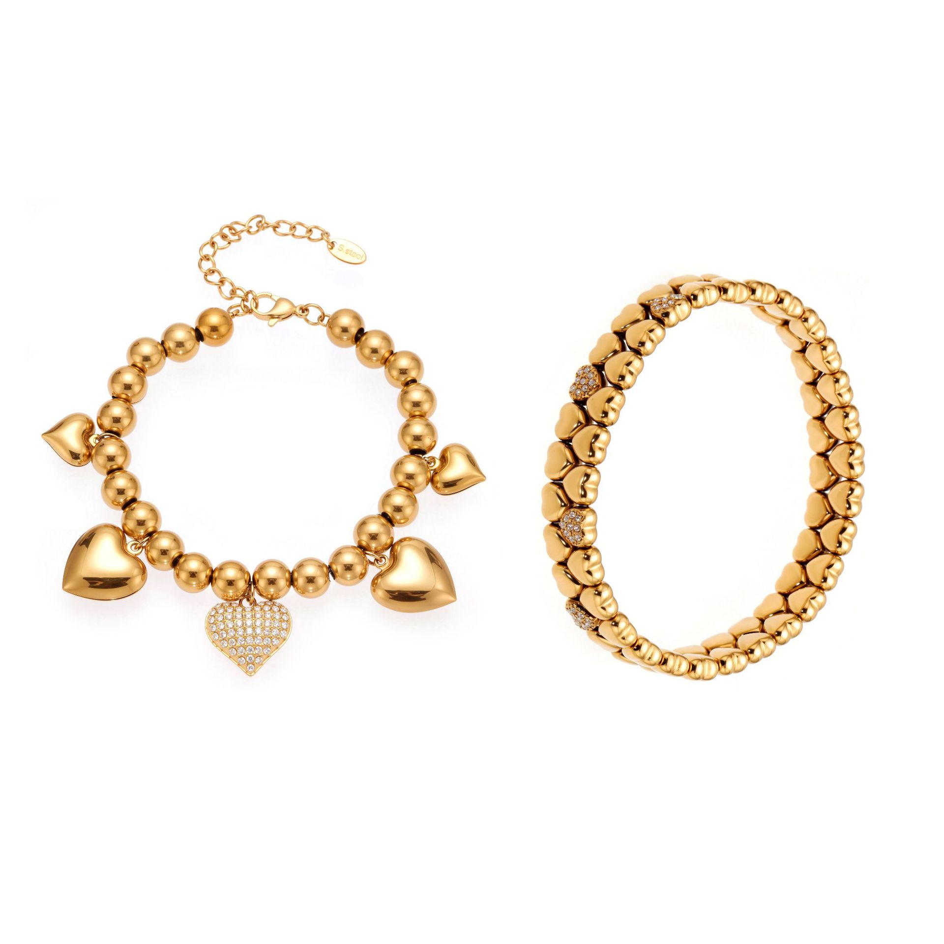 Vintage Double Layer Heart Rhinestone Elastic Bracelet with Heart Pendant Two Styles