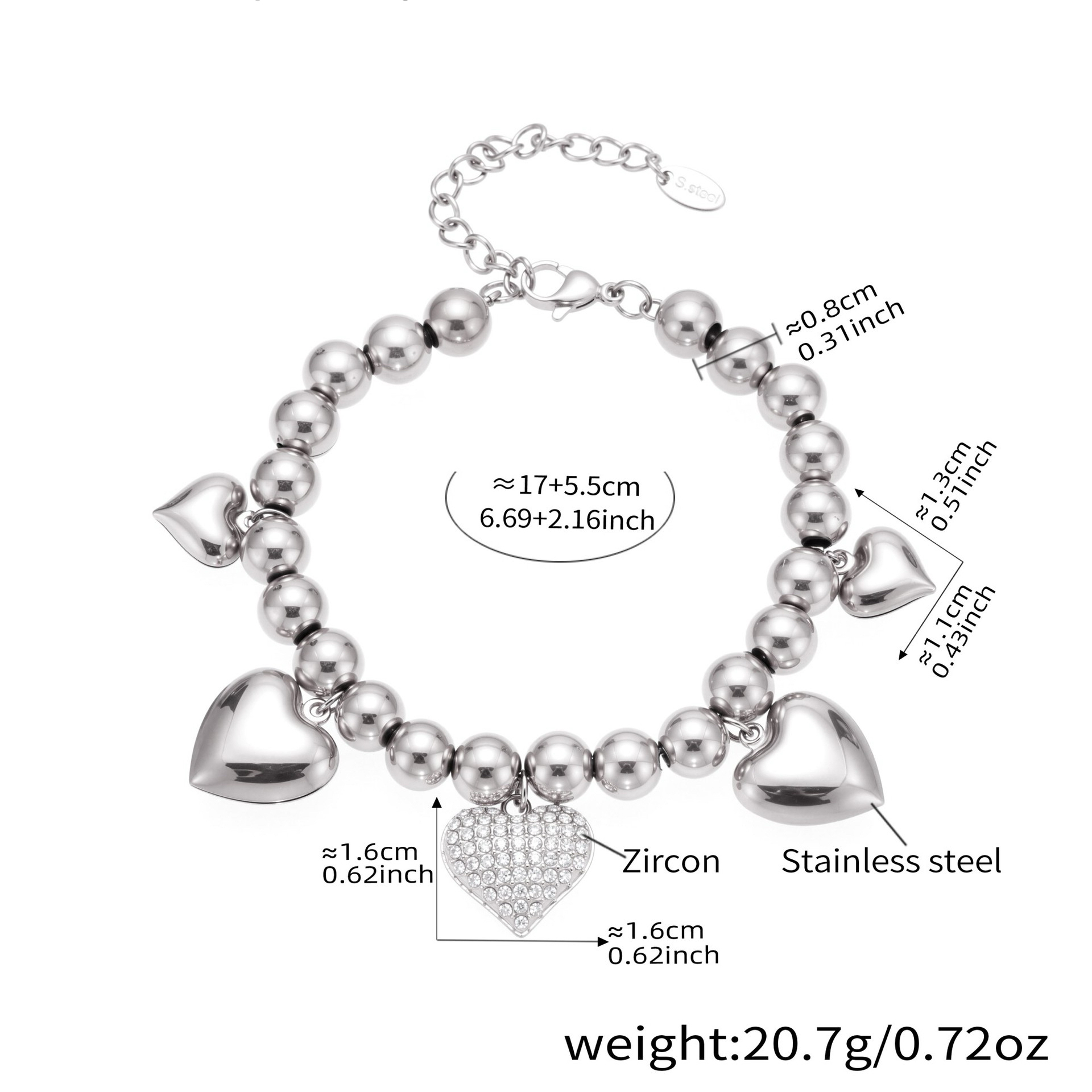 Vintage Double Layer Heart Rhinestone Elastic Bracelet with Heart Pendant Two Styles