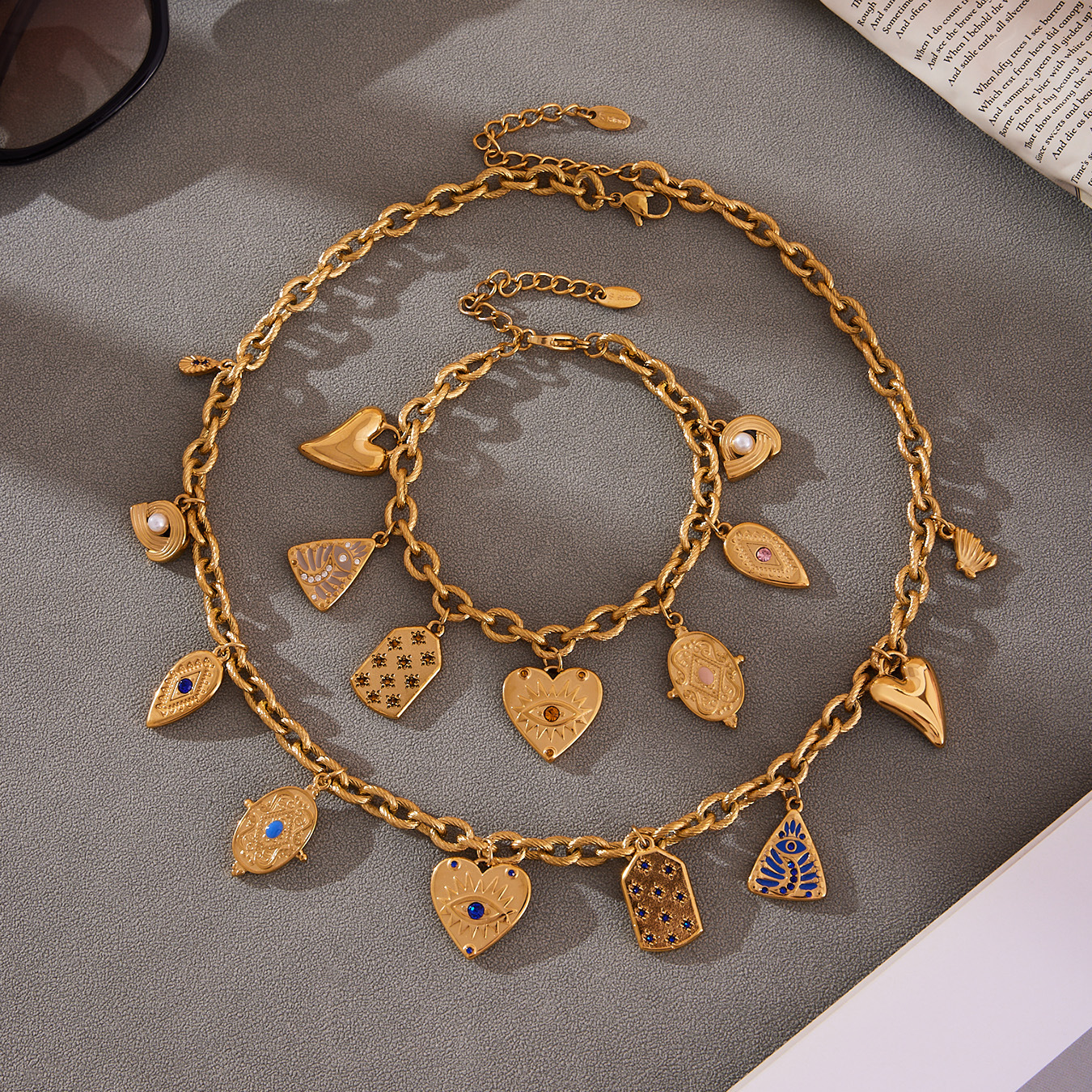 Vintage Enamel and Zircon Multi-Pendant Necklace and Bracelet Set
