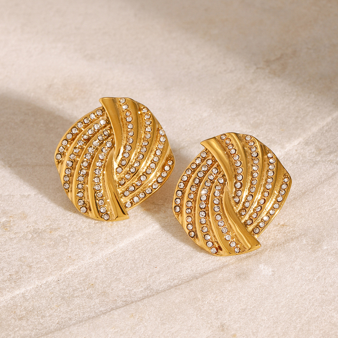 Stainless Steel Gold Crystal Ripple Stud Earrings