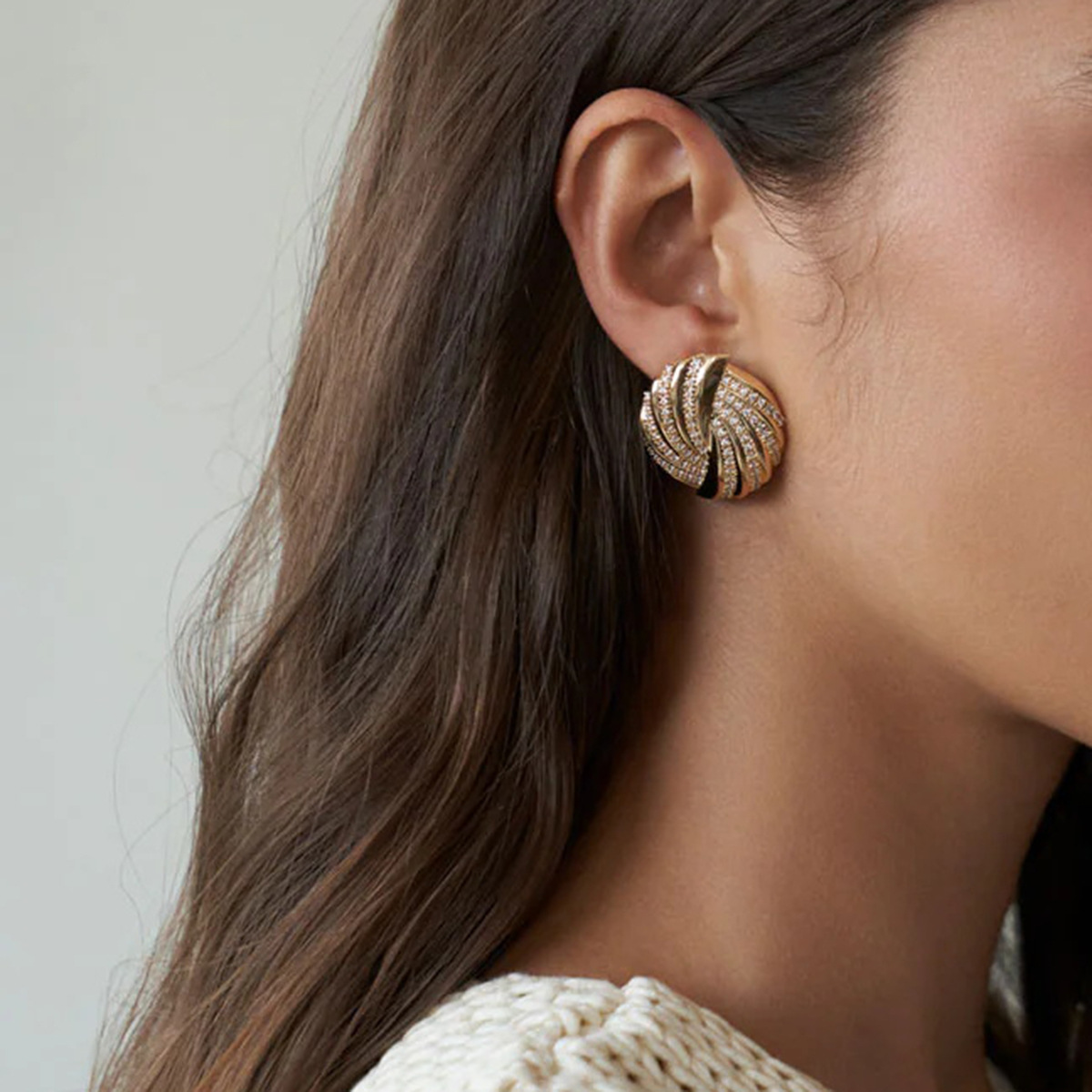Stainless Steel Gold Crystal Ripple Stud Earrings