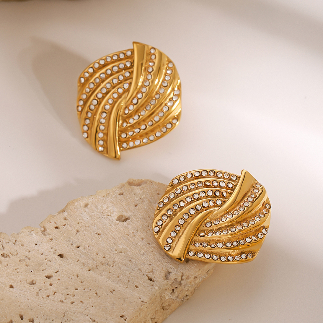 Stainless Steel Gold Crystal Ripple Stud Earrings