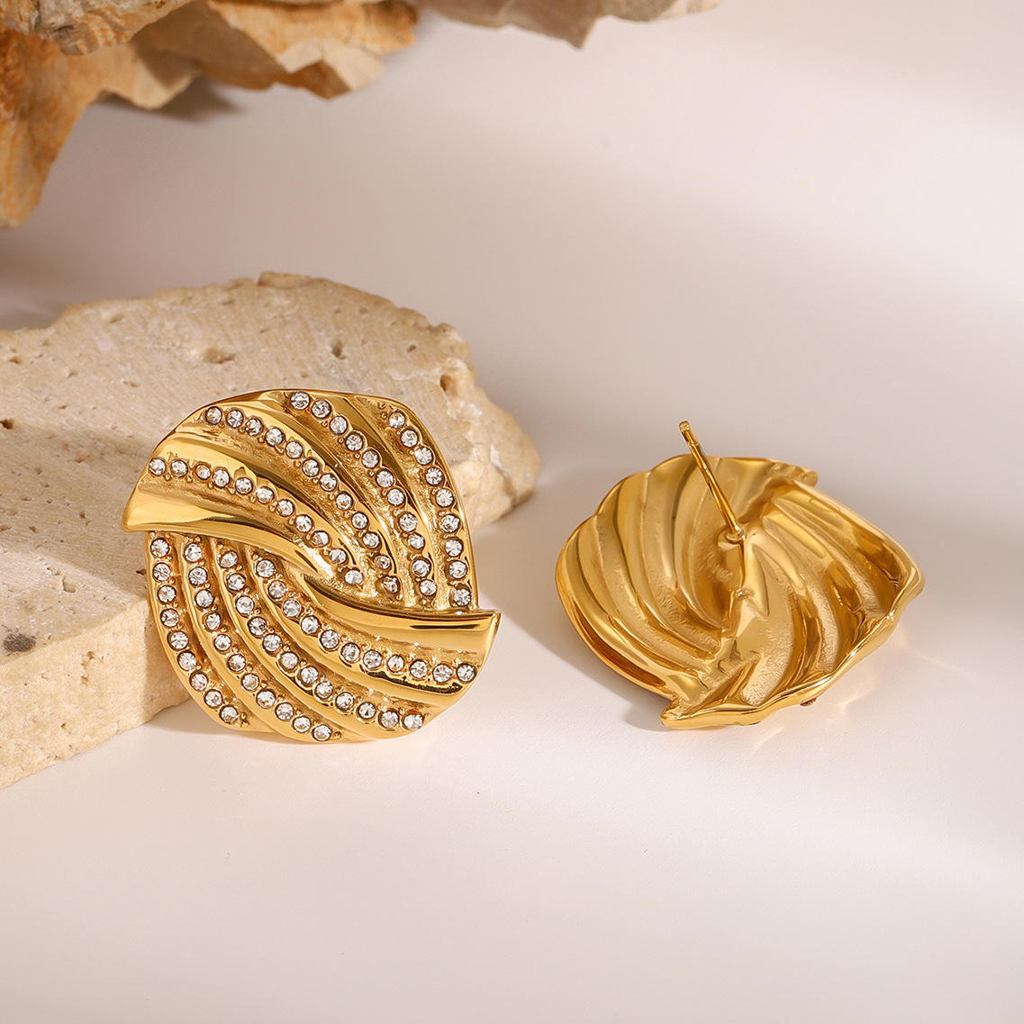 Stainless Steel Gold Crystal Ripple Stud Earrings