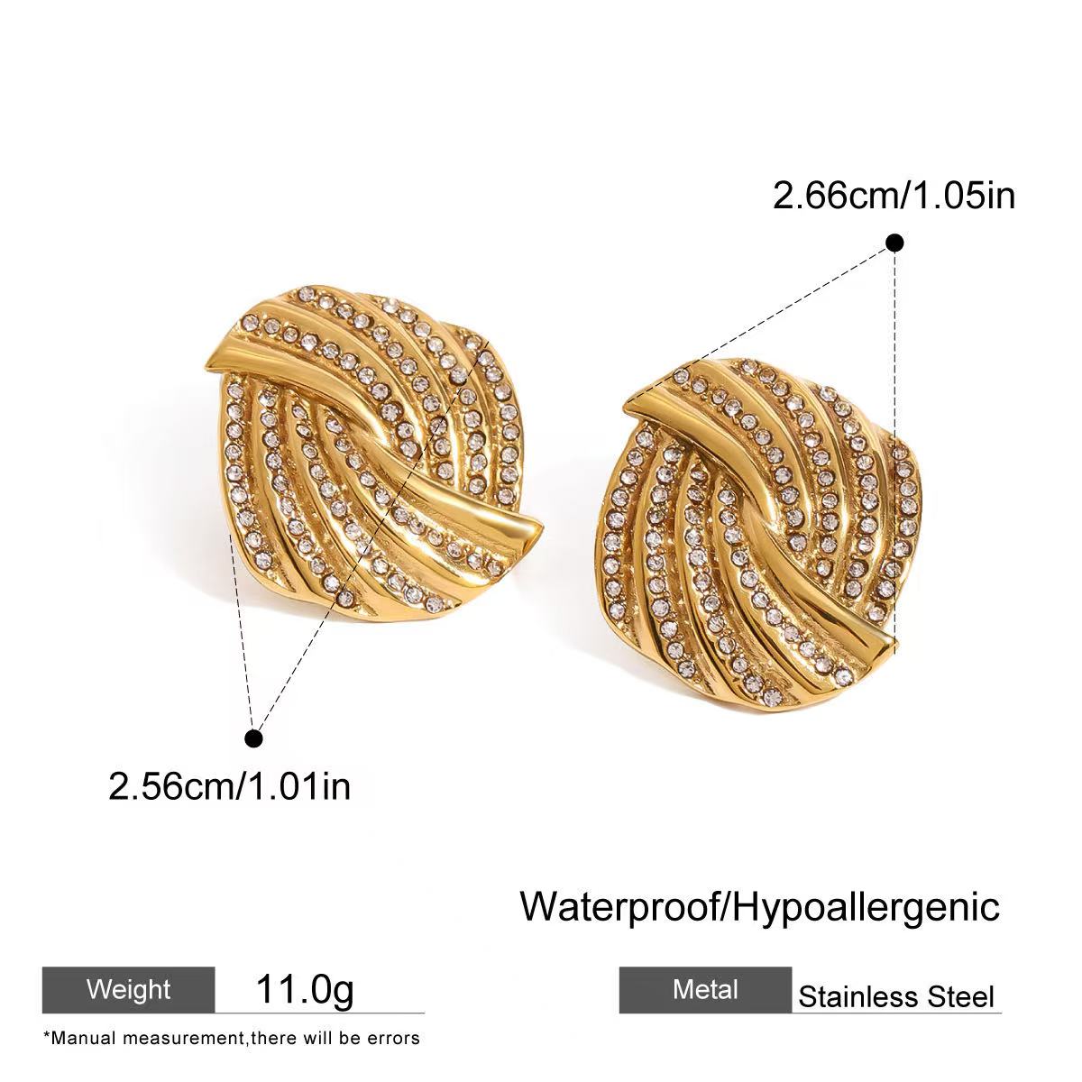 Stainless Steel Gold Crystal Ripple Stud Earrings