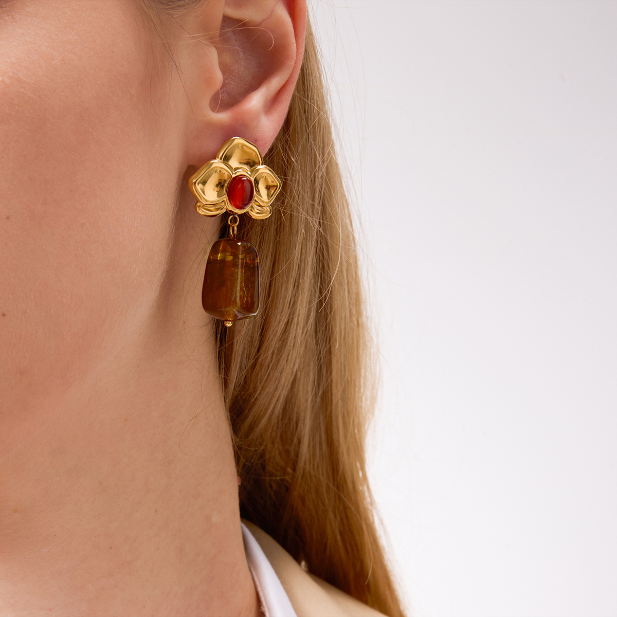 Stainless Steel Amber Resin Earrings Luxury Style for Women