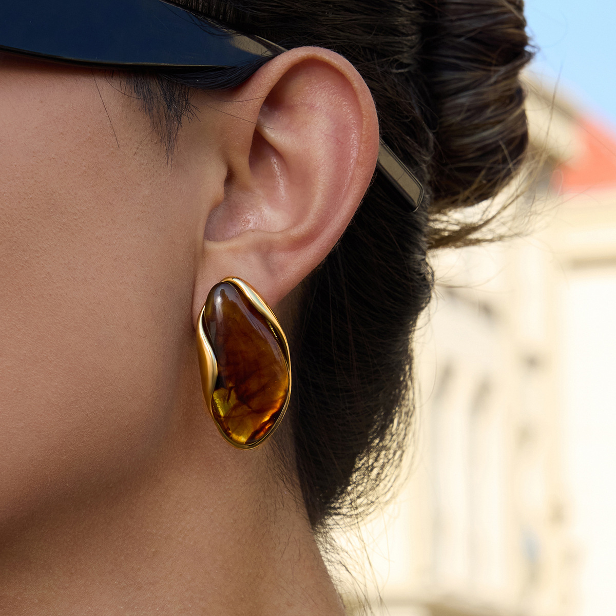 Stainless Steel Amber Resin Earrings Luxury Style for Women
