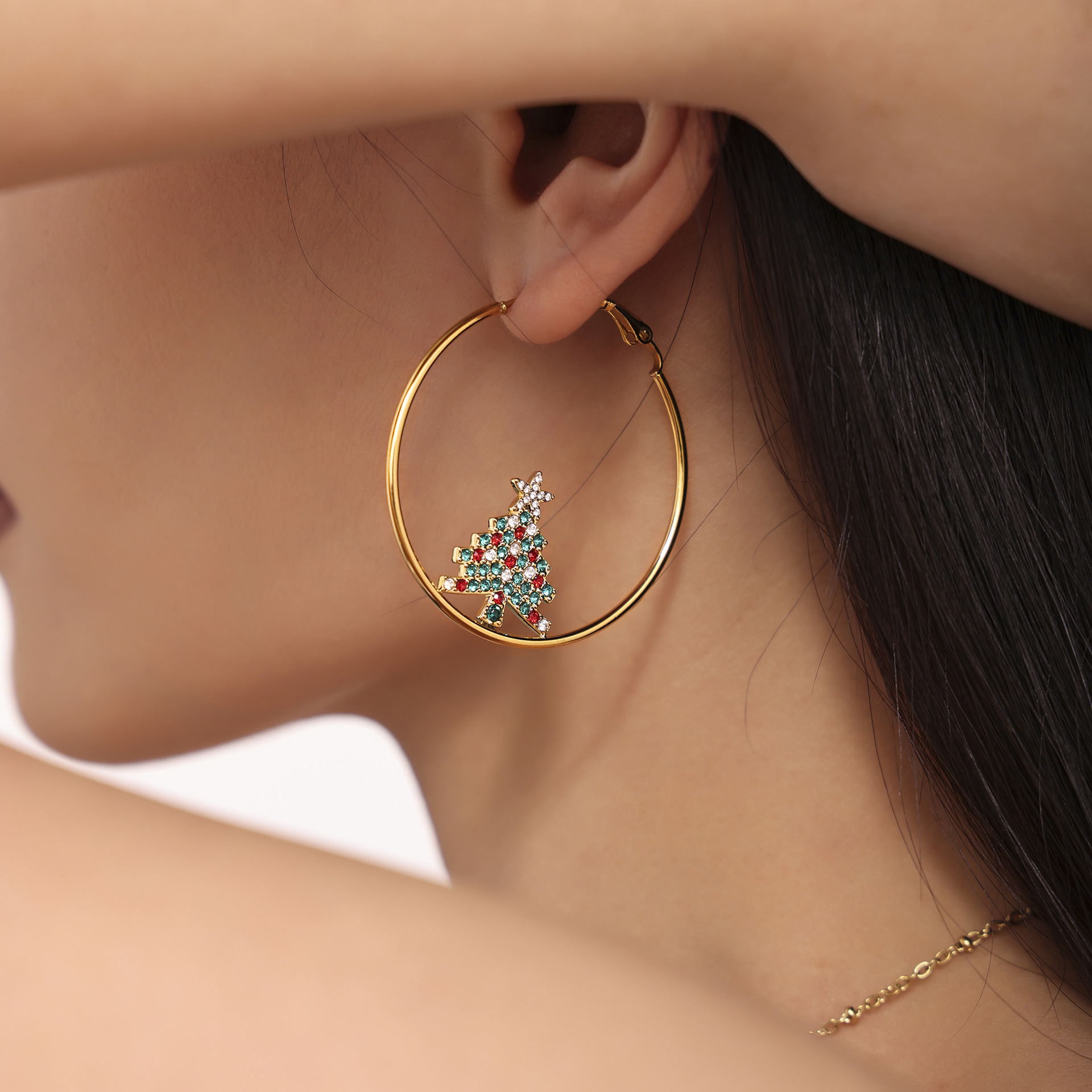 New Christmas Tree Zircon Stainless Steel Hoop Earrings PVD Gold Plated