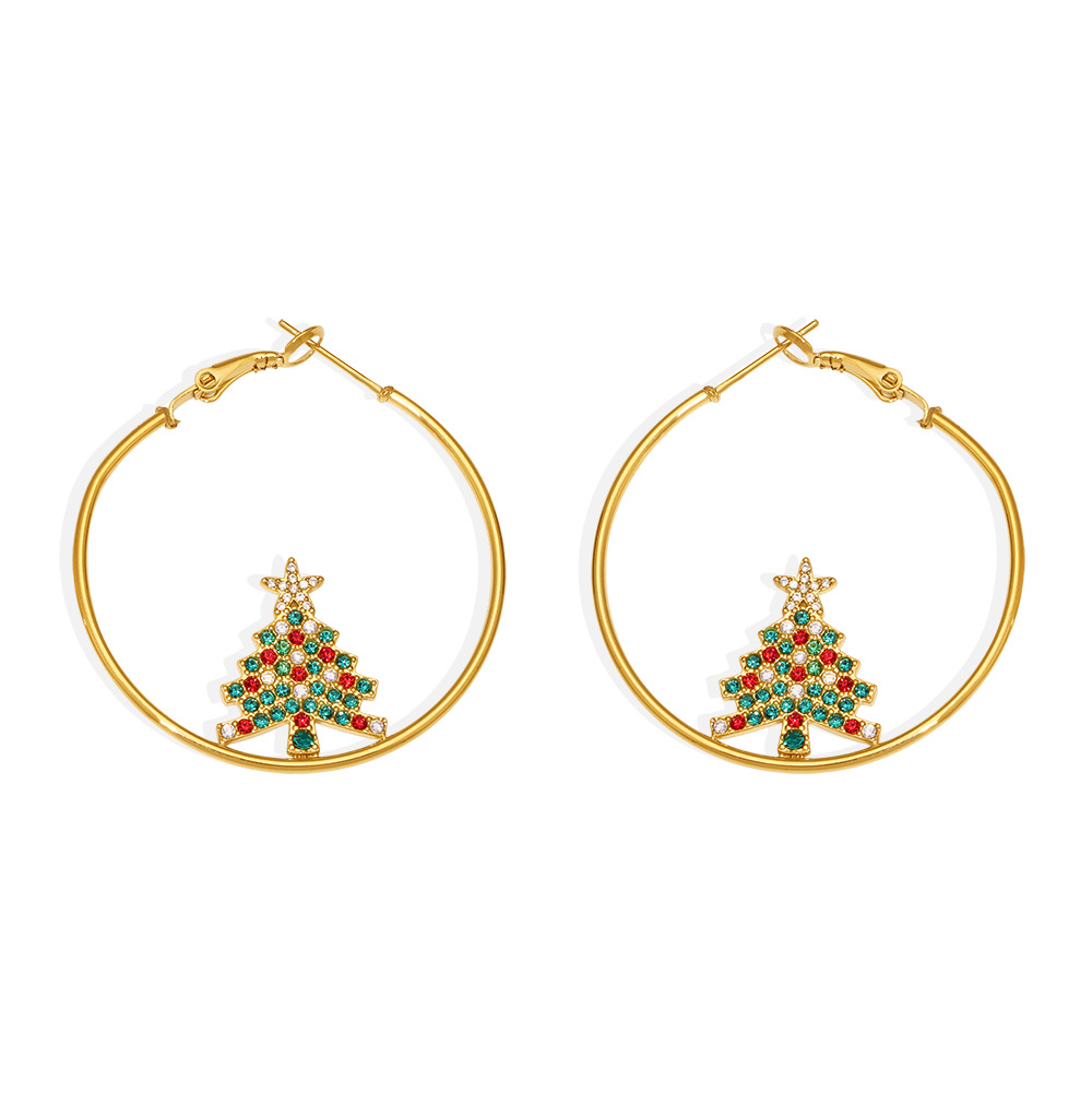 New Christmas Tree Zircon Stainless Steel Hoop Earrings PVD Gold Plated