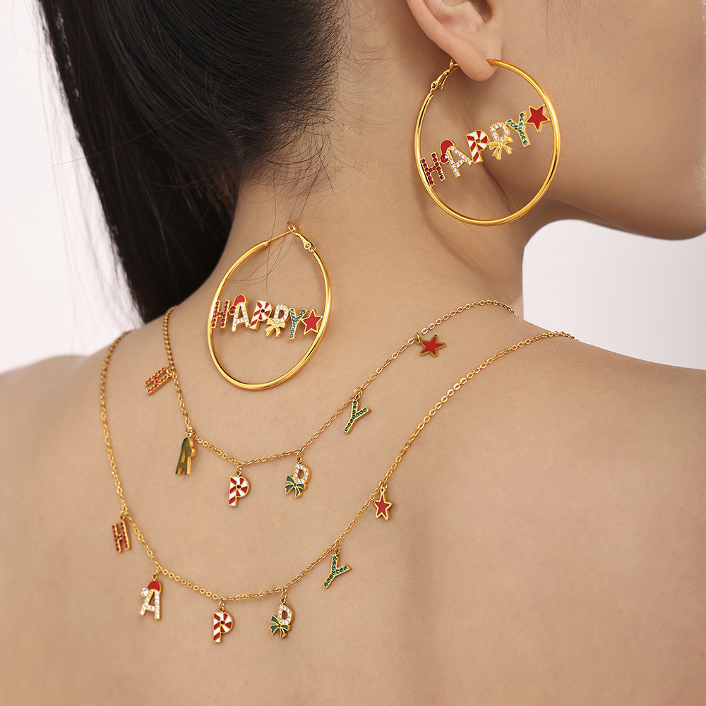 New Enamel Zircon HAPPY Letter Necklace Bracelet and Earring Stainless steel Jewelry Set