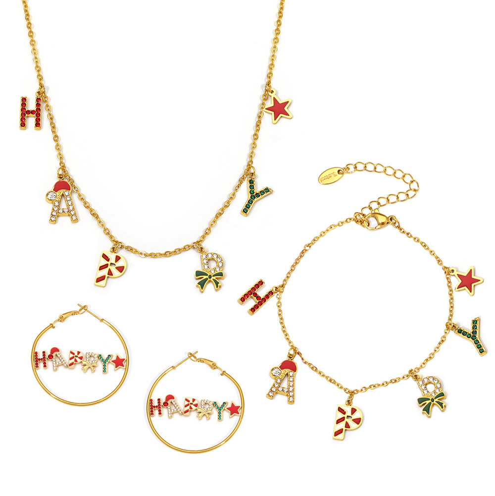 New Enamel Zircon HAPPY Letter Necklace Bracelet and Earring Stainless steel Jewelry Set