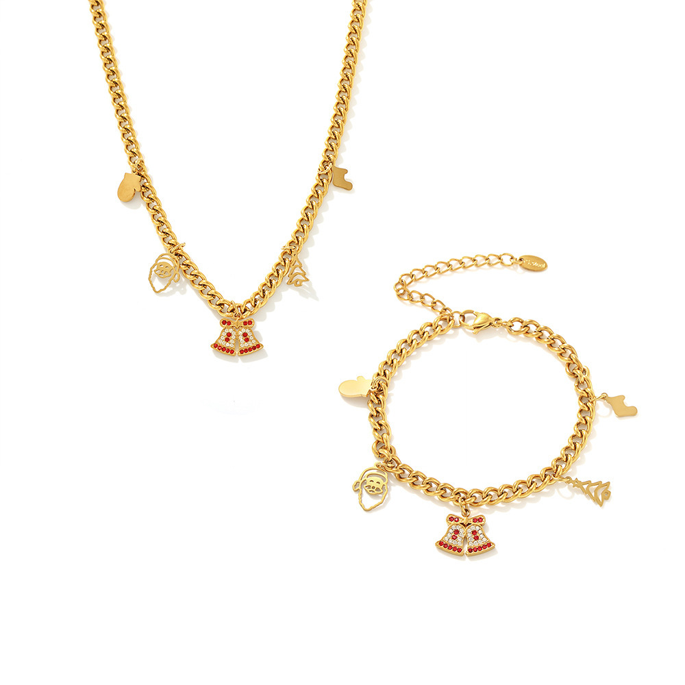 Christmas Series Fashion Rhinestone Bell and Santa Necklace and Bracelet Set