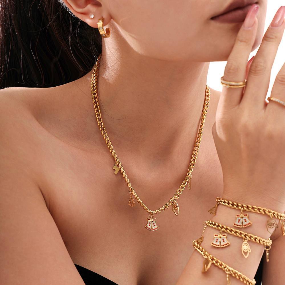 Christmas Series Fashion Rhinestone Bell and Santa Necklace and Bracelet Set
