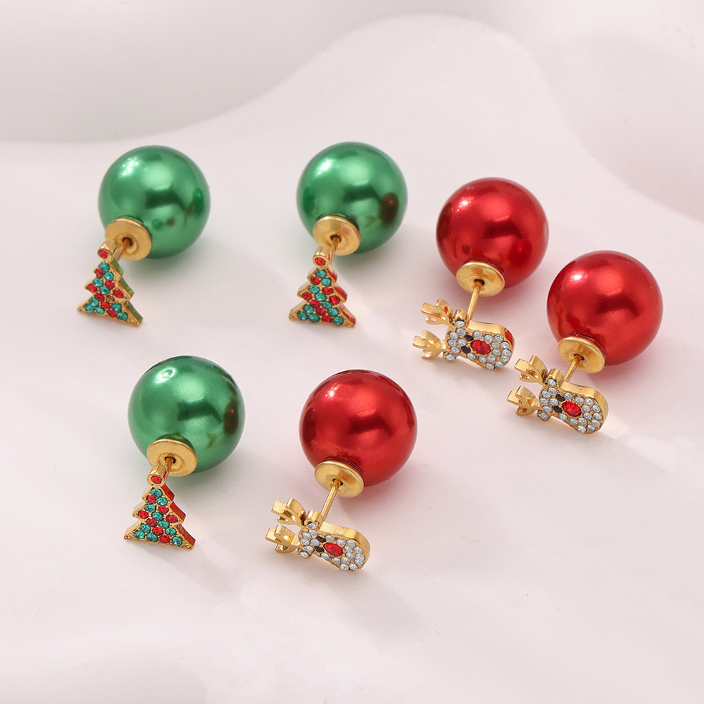 Christmas Tree and Reindeer Red Green Beaded Stud Earrings Holiday Jewelry