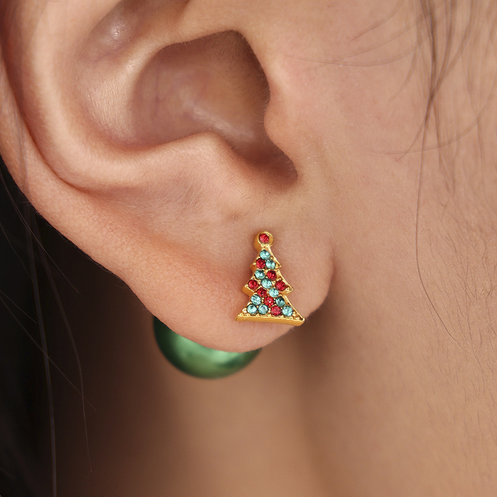 Christmas Tree and Reindeer Red Green Beaded Stud Earrings Holiday Jewelry