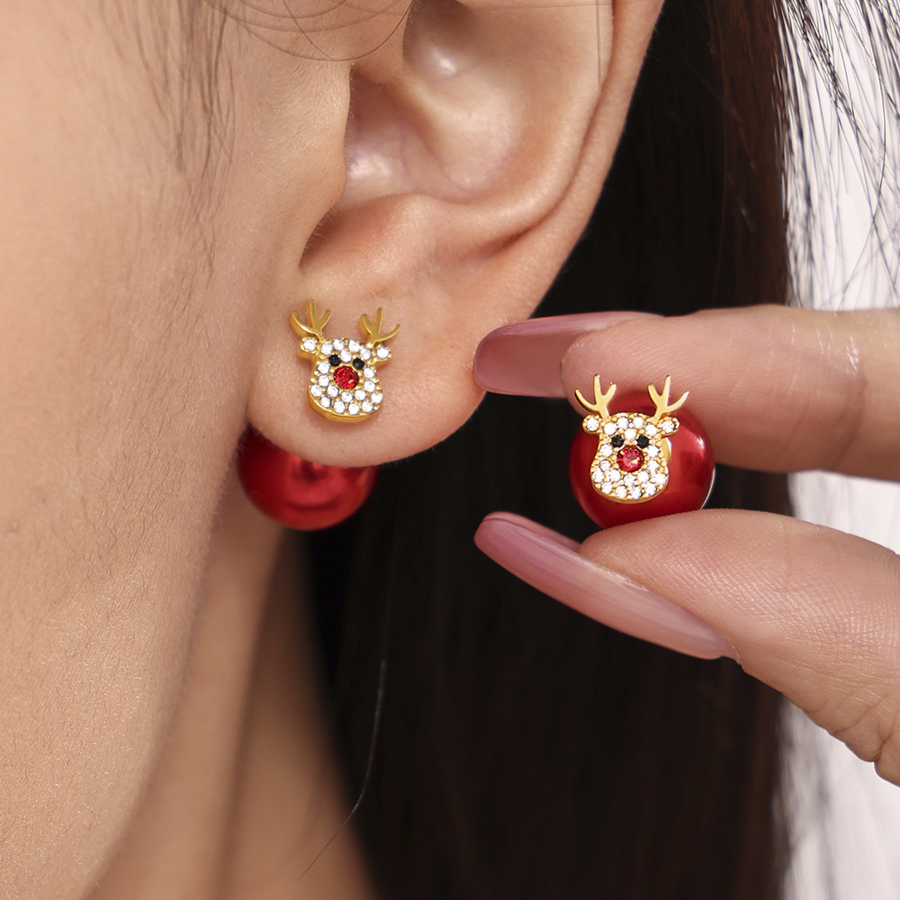 Christmas Tree and Reindeer Red Green Beaded Stud Earrings Holiday Jewelry