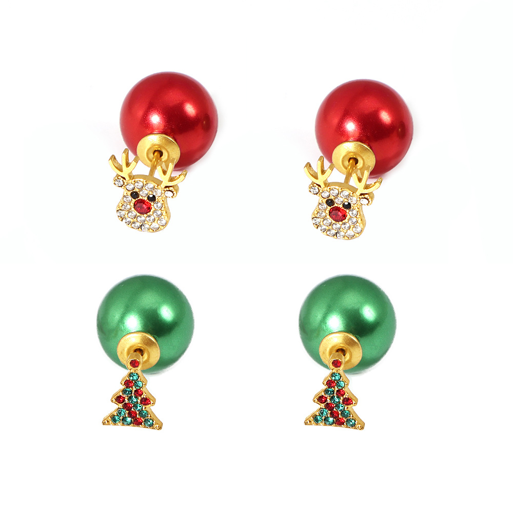 Christmas Tree and Reindeer Red Green Beaded Stud Earrings Holiday Jewelry
