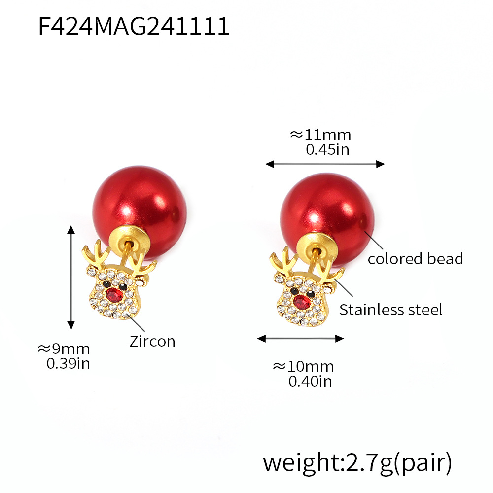 Christmas Tree and Reindeer Red Green Beaded Stud Earrings Holiday Jewelry