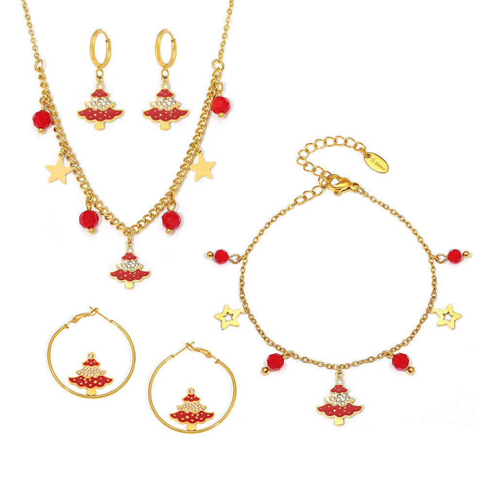 Fashion Christmas Tree Earrings Necklace and Bracelet Set with Pomegranate Star Pendant