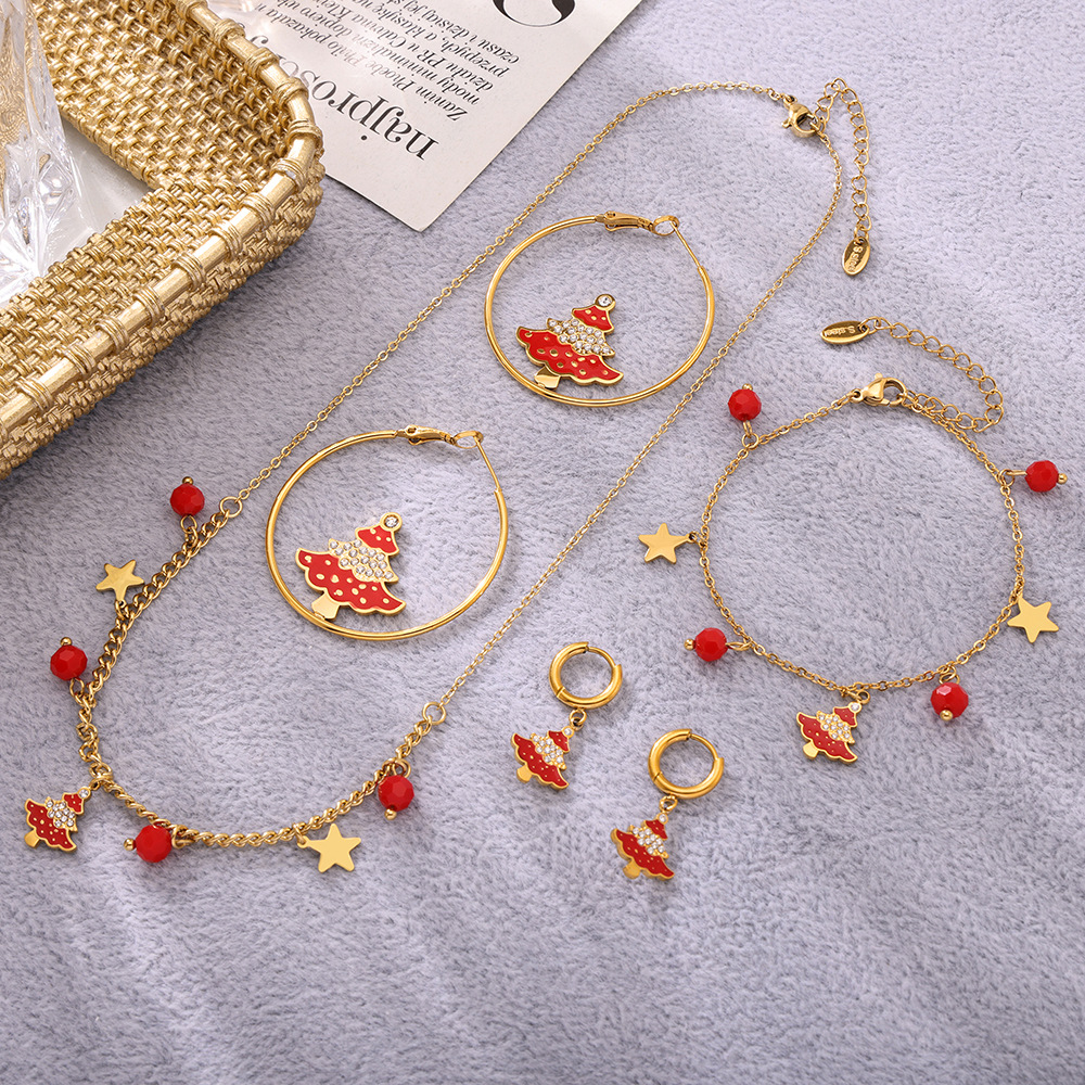Fashion Christmas Tree Earrings Necklace and Bracelet Set with Pomegranate Star Pendant