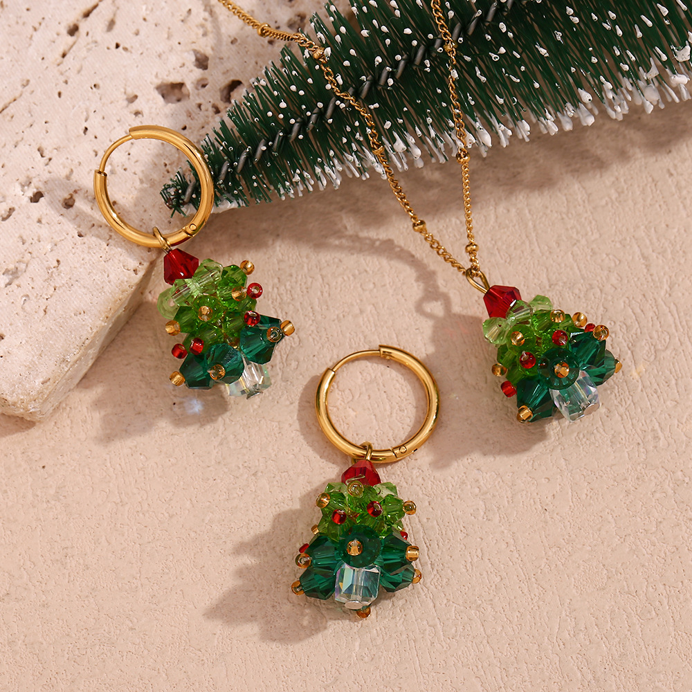 Luxury Stainless Steel Handmade Crystal Christmas Tree Jewelry Set Earrings and Necklace