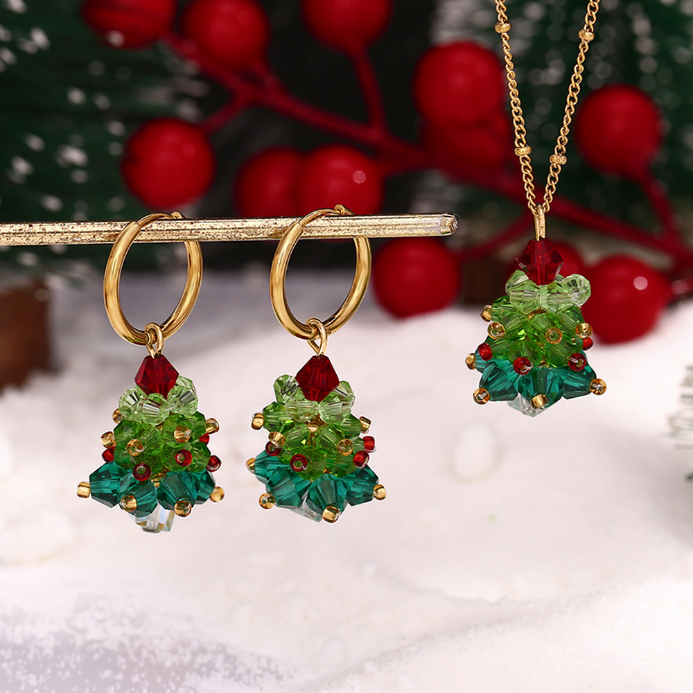 Luxury Stainless Steel Handmade Crystal Christmas Tree Jewelry Set Earrings and Necklace