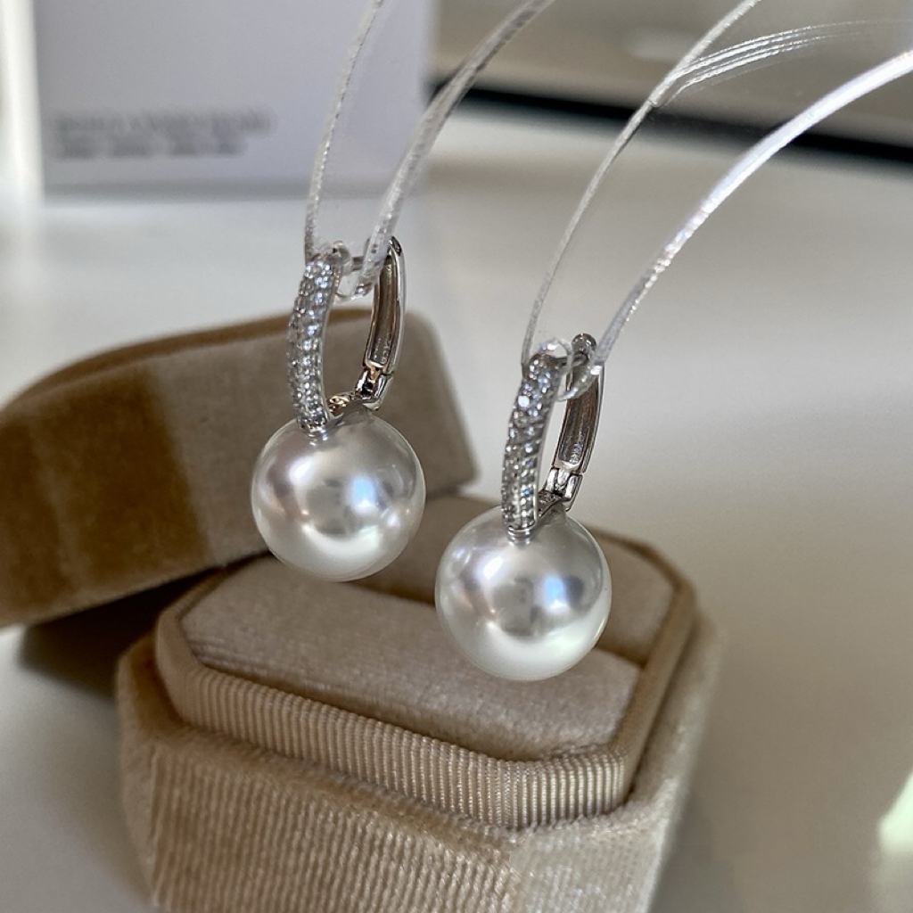 French Elegant White South Sea Pearl Earrings 925 Sterling Silver Classic Style