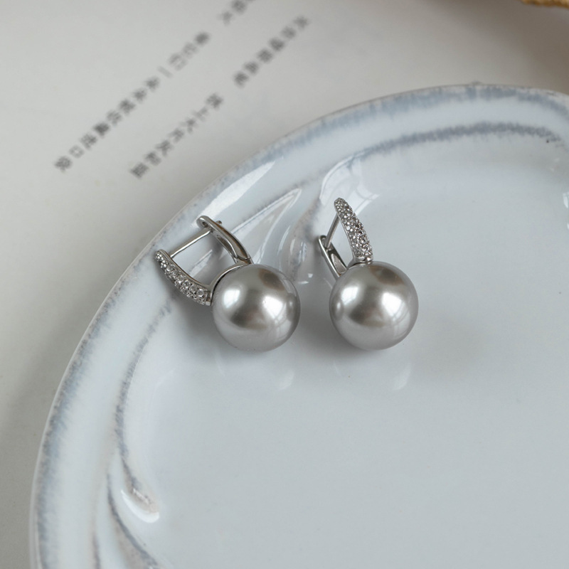 French Elegant White South Sea Pearl Earrings 925 Sterling Silver Classic Style