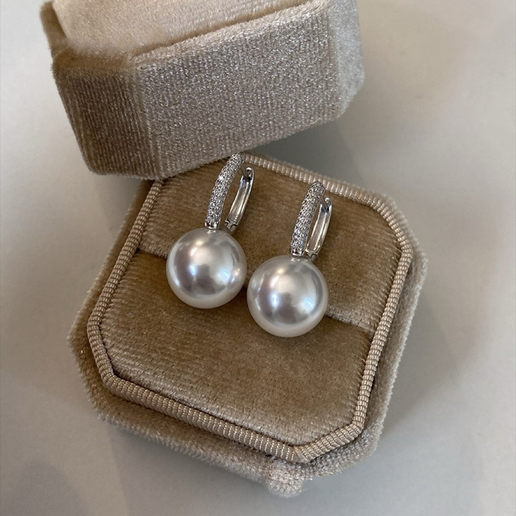 French Elegant White South Sea Pearl Earrings 925 Sterling Silver Classic Style