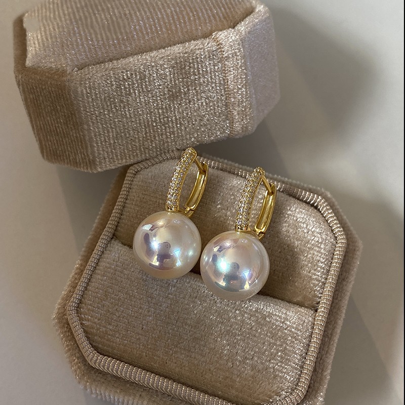 French Elegant White South Sea Pearl Earrings 925 Sterling Silver Classic Style