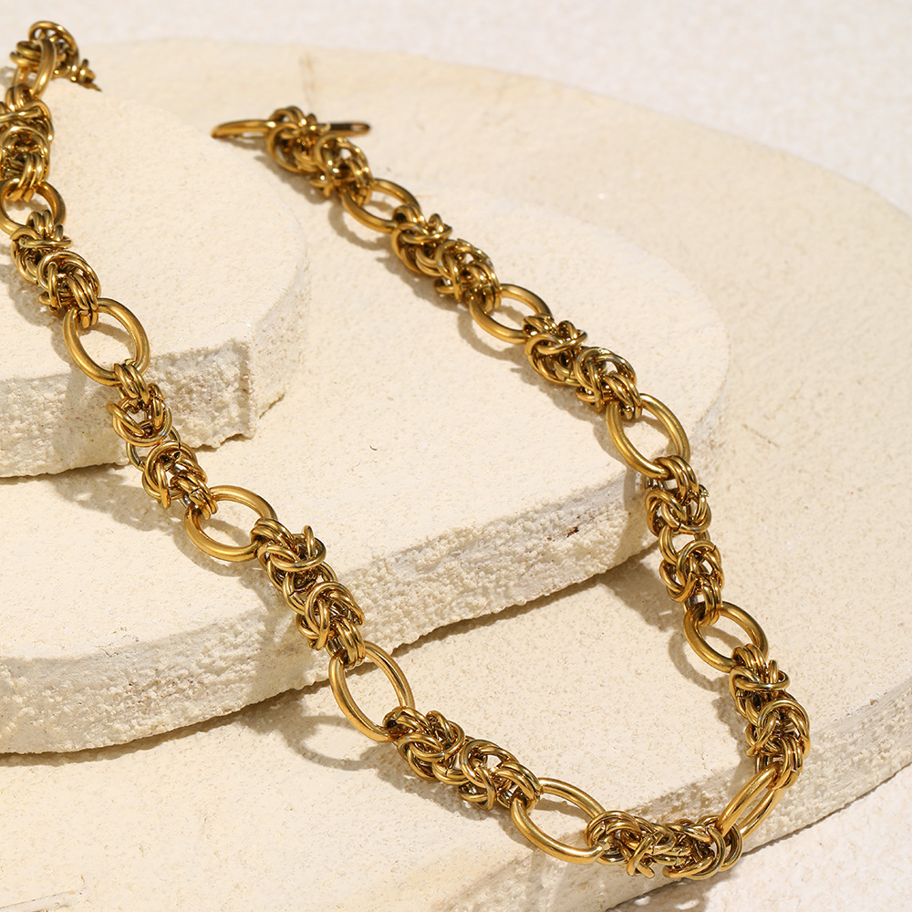 French Vintage Style Handmade Circle Chain Necklace Stainless Steel 18K Gold Plated